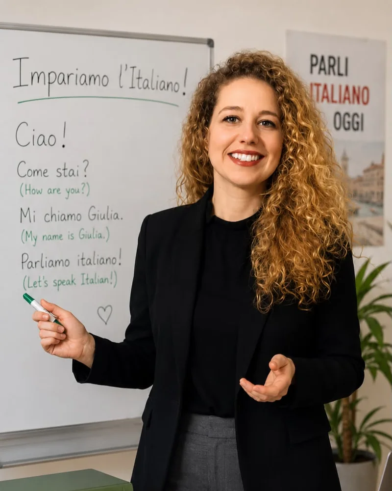 Giulia teaching an Italian lesson at a whiteboard